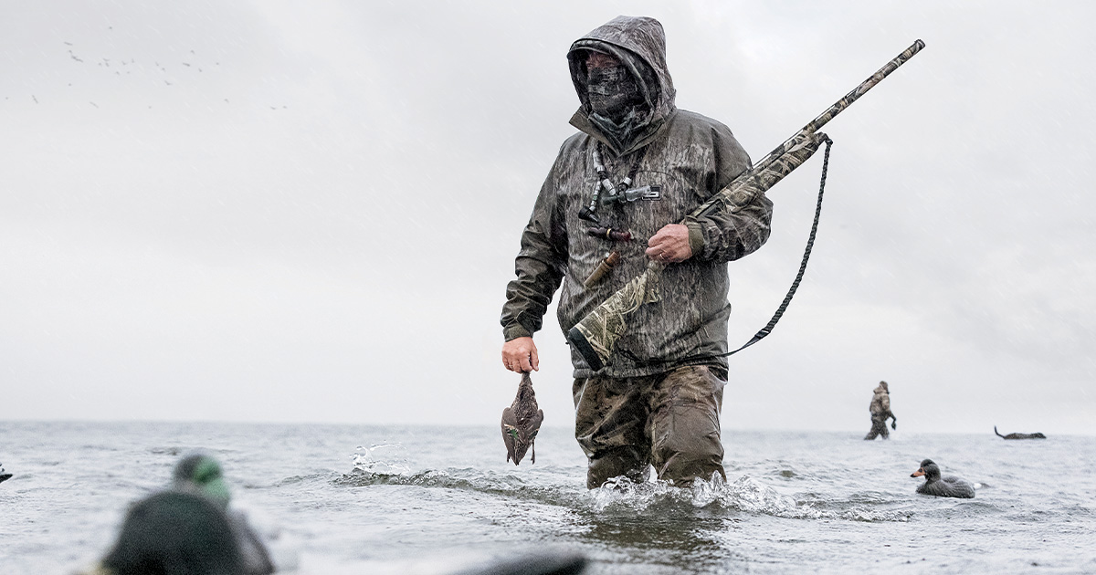 Hunter retrieving harvested duck during a hunt. Photo by Tom Martineau