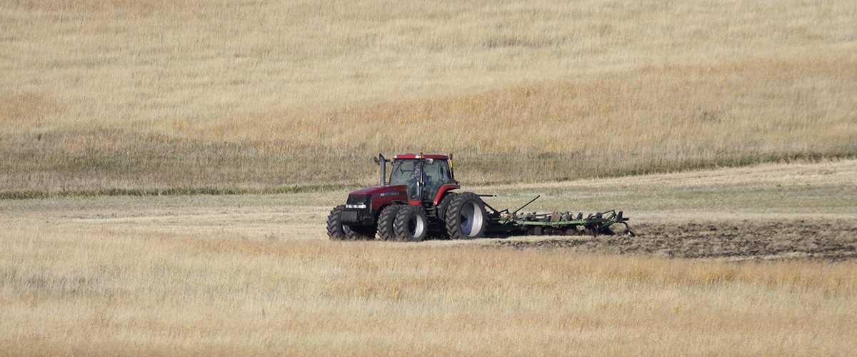 Tractor plowing grassland