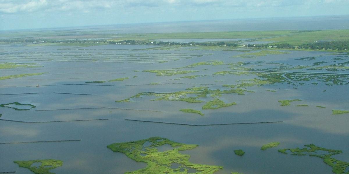 Aerial view of terraces protecting a coastal community