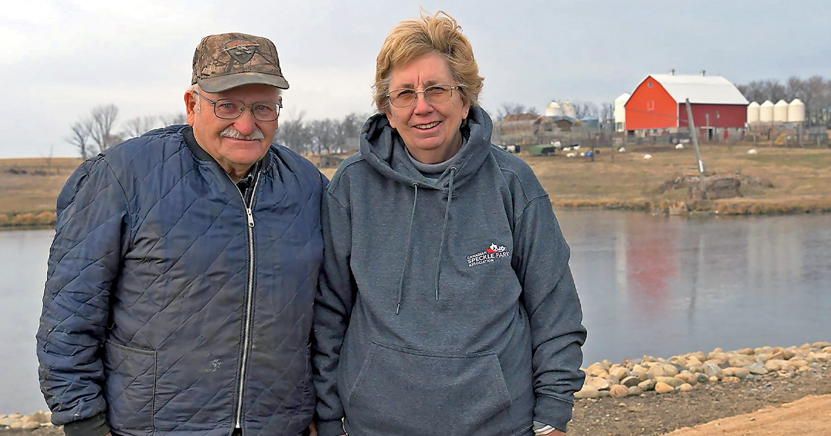 Cameron Dodds and Bea Janssens operate a farm near Kenton, Manitoba. Ducks Unlimited Canada (DUC) recently rebuilt the earthen dam holding water on their property. Dodds watched DUC crews install the original dam in 1958, when he was seven years old. Photo by DU Canada