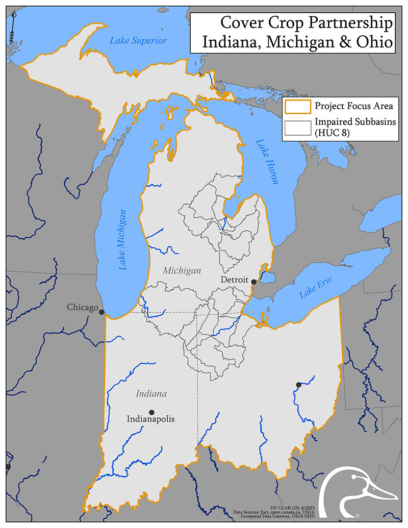 Cover Crop Partnership map of Indiana, Michigan, & Ohio